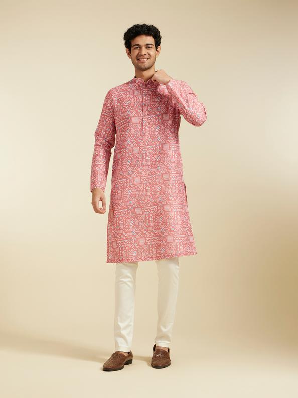 Diwas Men Coral Peach Aztec Printed Kurta