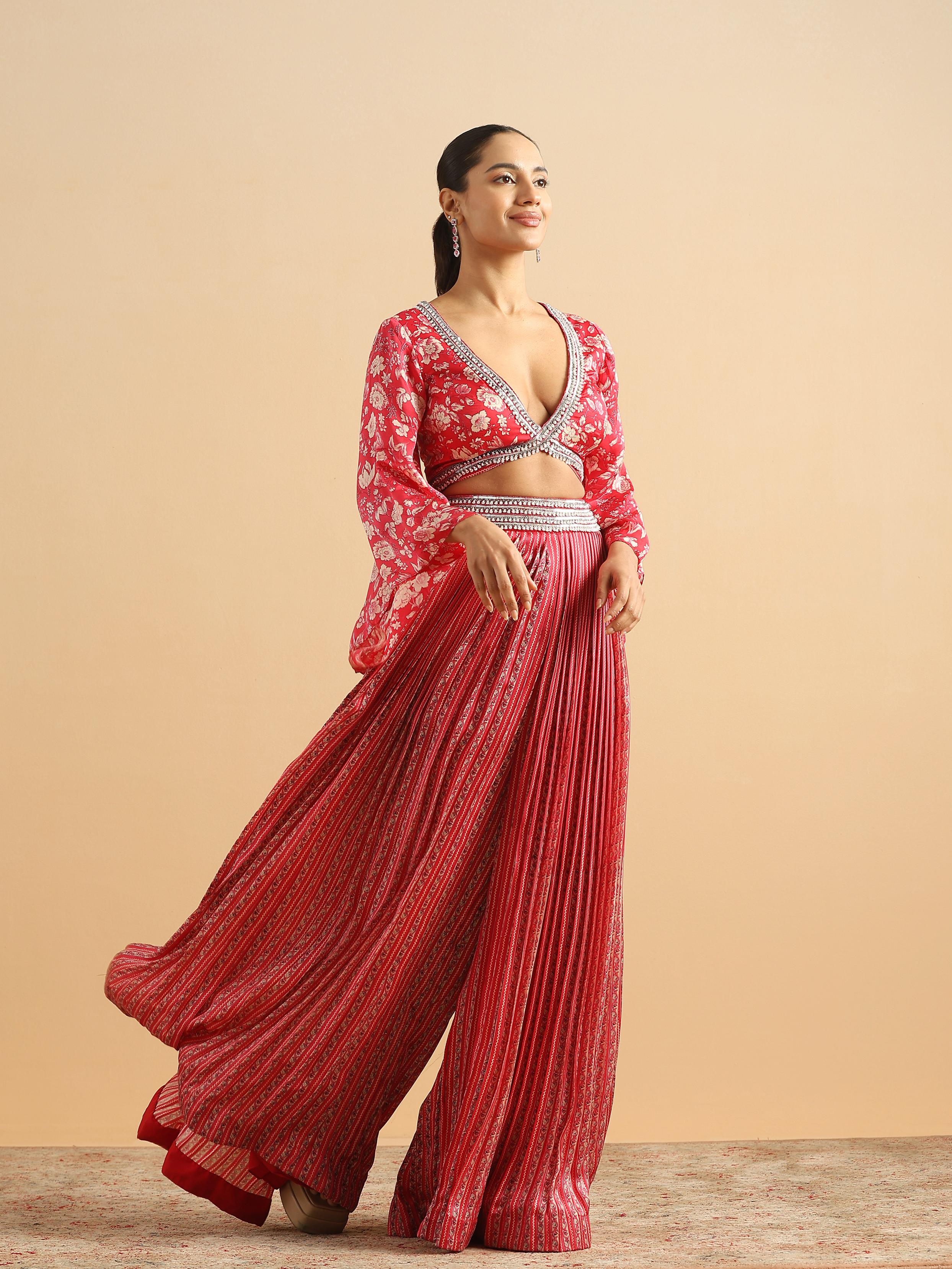 Twamev Women Modern Twist Red Satin Partywear Suit