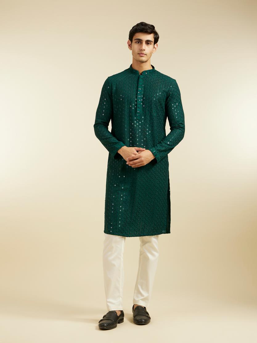 Diwas Men Bottle Green Chikankari Sequinned Kurta