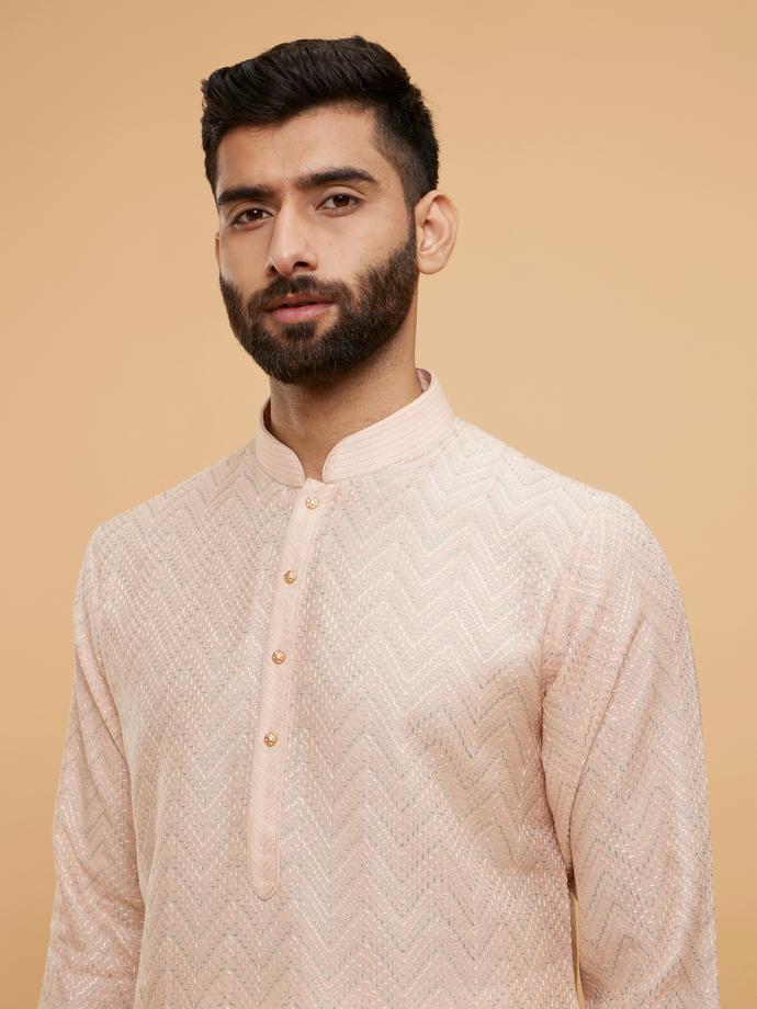 Twamev Men Peach Dust Chevron Patterned Kurta Set