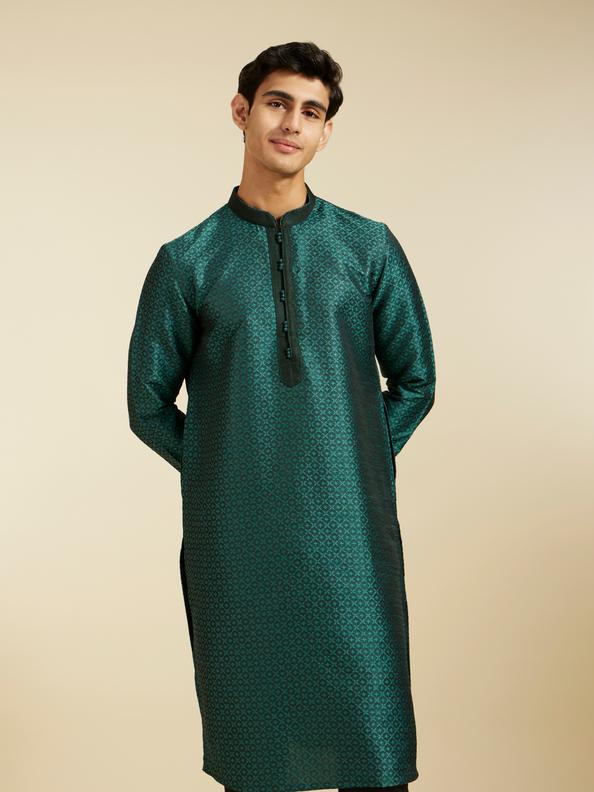 Diwas Men Bottle Green Lattice Patterned Kurta