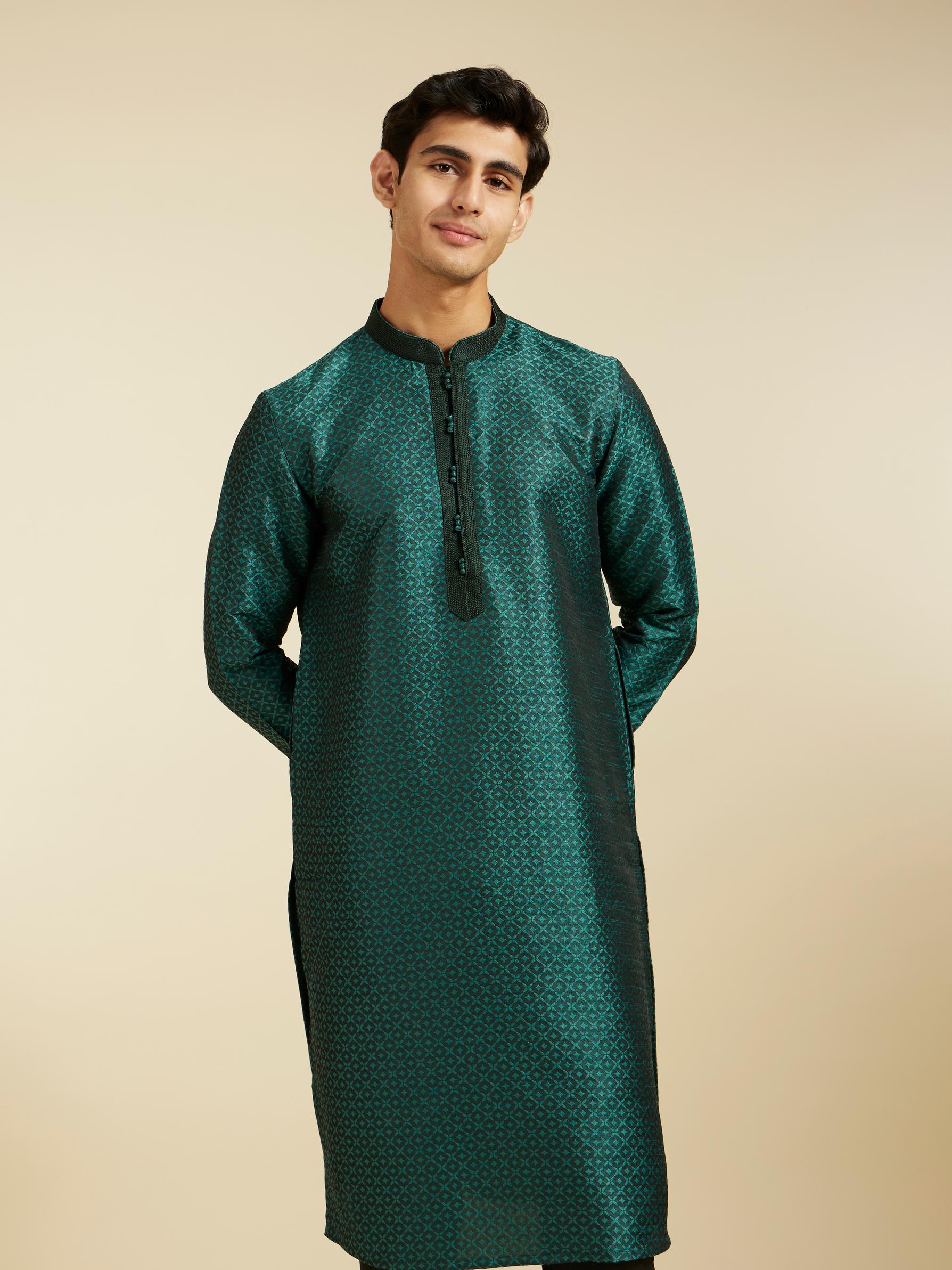 Diwas Men Bottle Green Lattice Patterned Kurta