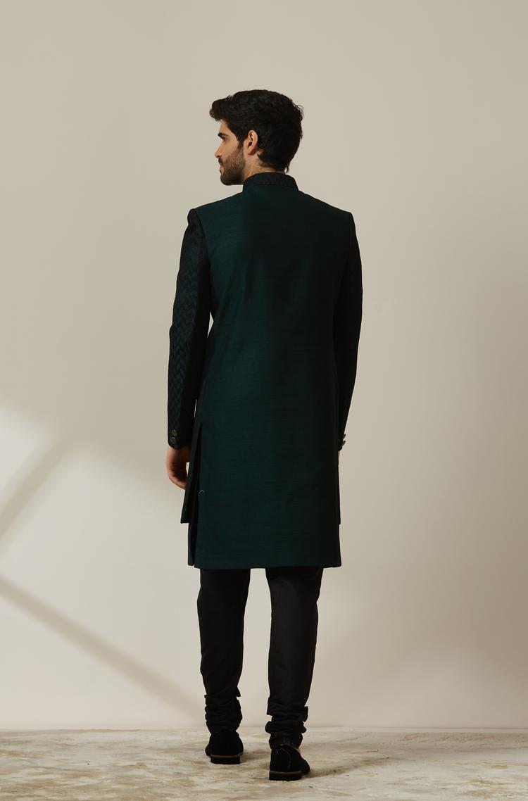 Twamev Men Bottle Green Achkan Style Indo Western Set