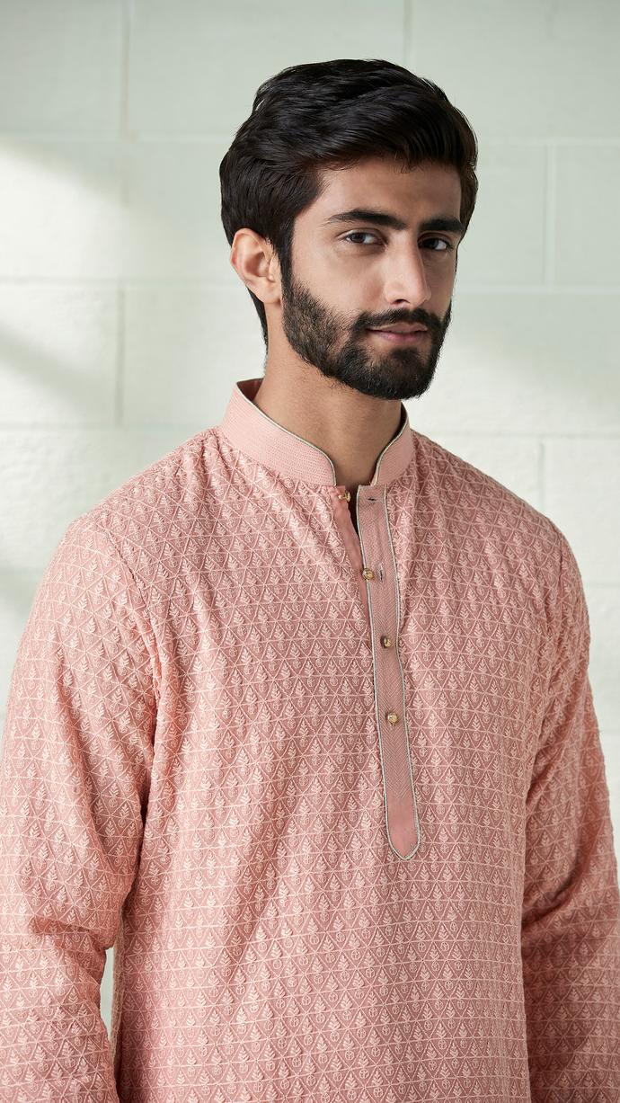 Twamev Men Melon Pink Chikankari Embroidered Kurta Set
