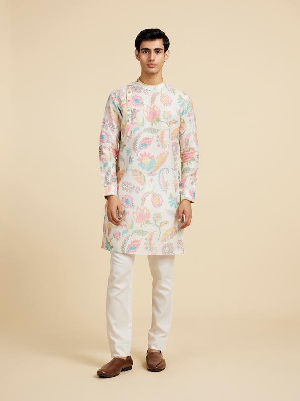 Diwas Men Cream White Floral Printed Kurta