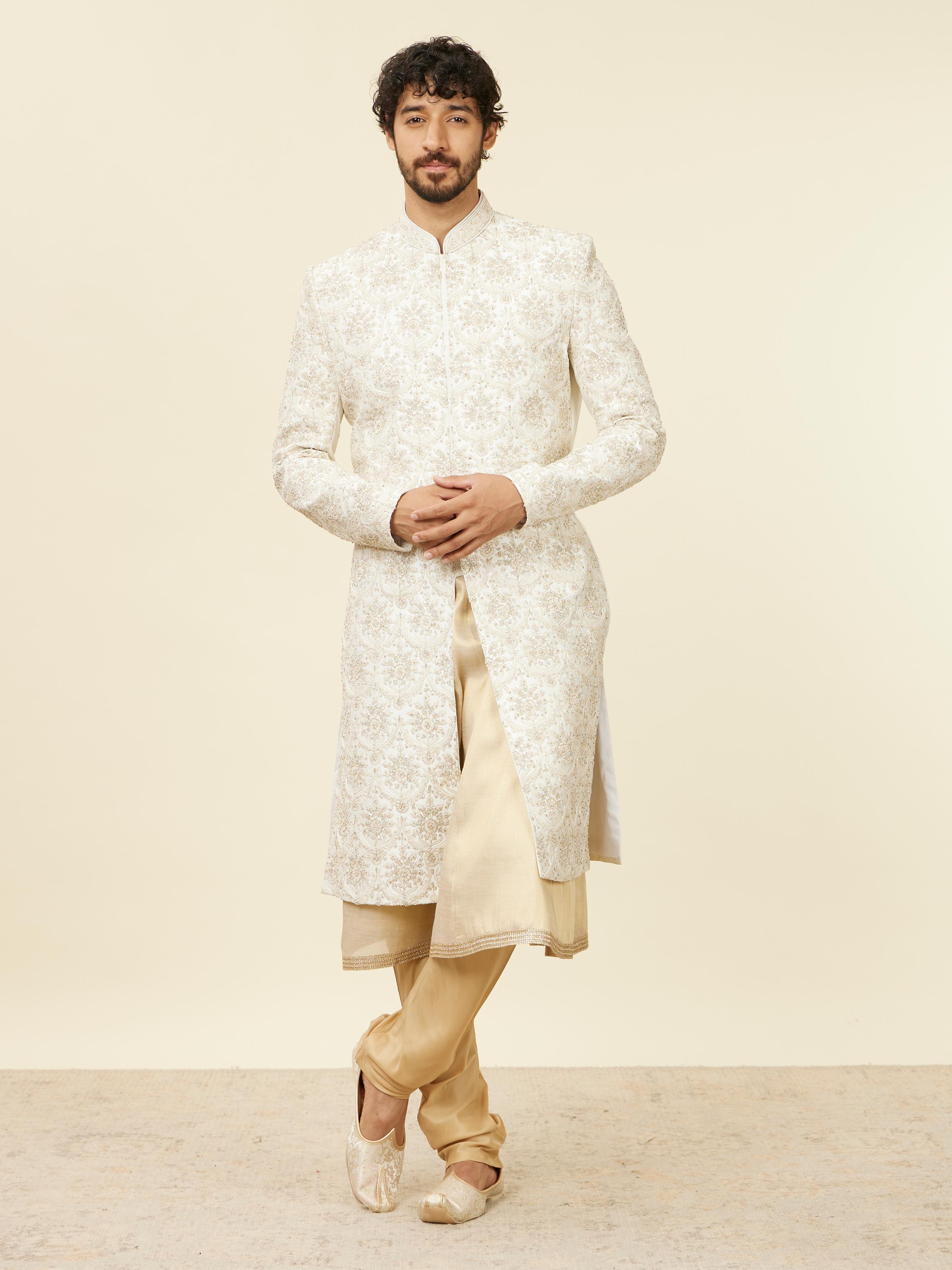 Twamev Men Warm White Floral Patterned Sherwani Set