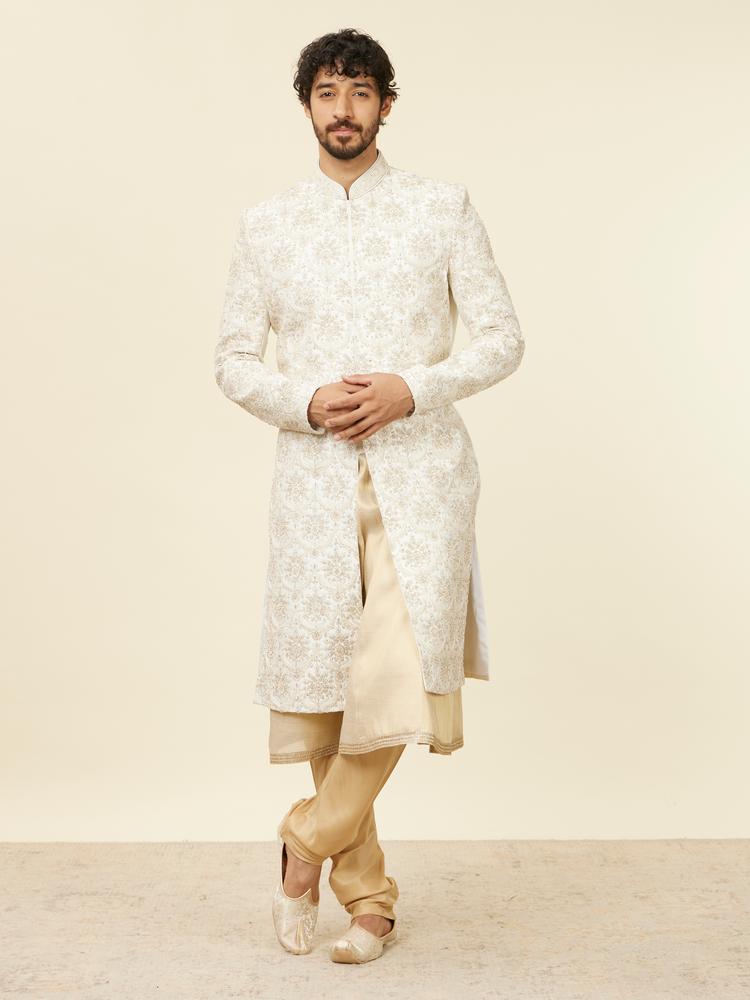 Twamev Men Warm White Floral Patterned Sherwani Set