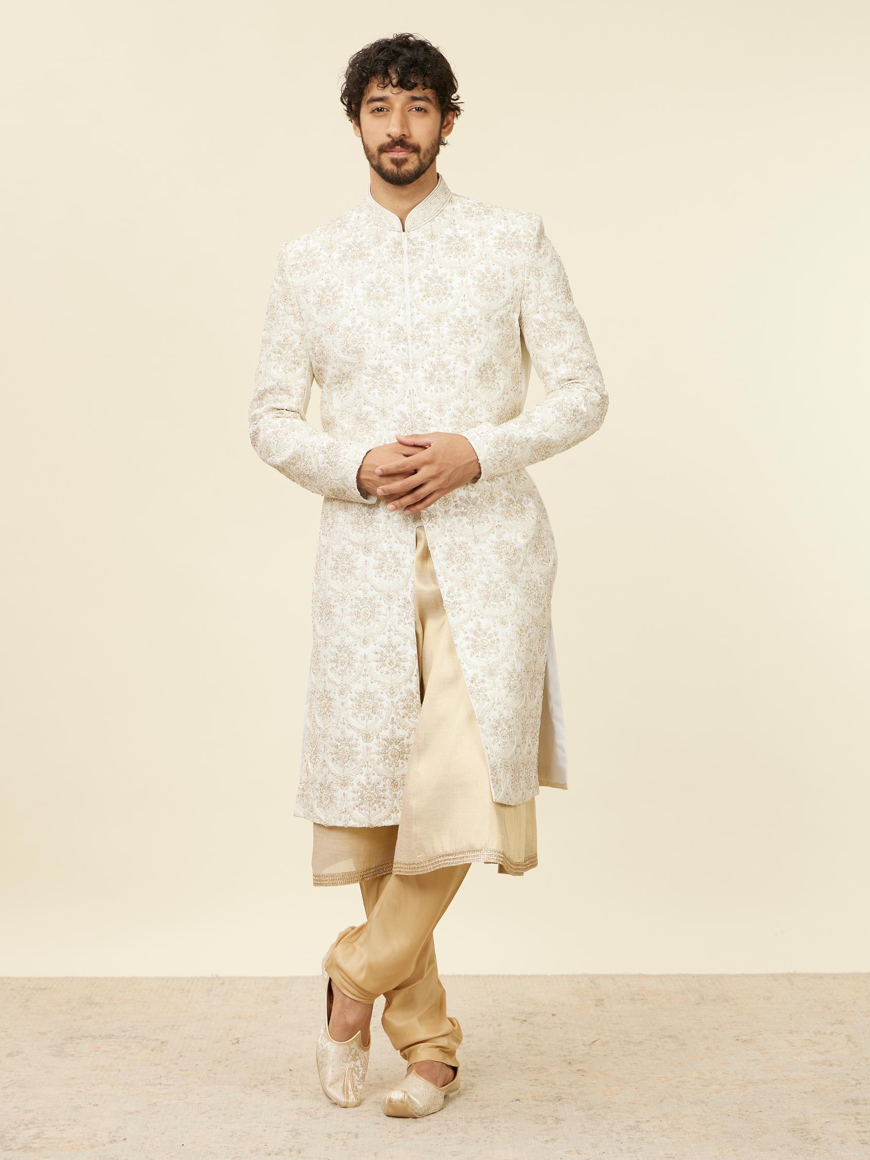 Twamev Men Warm White Floral Patterned Sherwani Set