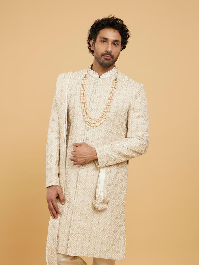 Twamev Men Beige Sherwani Set with Pink Highlights