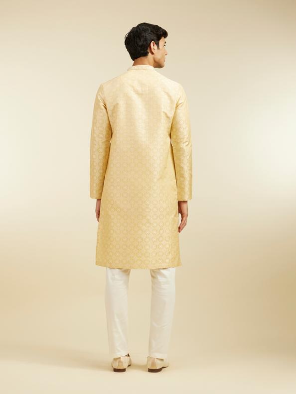 Diwas Men Sand Beige Grid Patterned Kurta with Embroidered Neckline