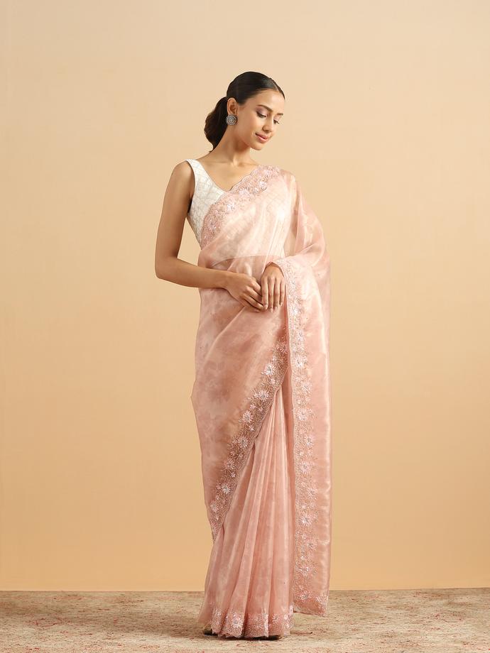 Twamev Women Floral Fawn Pink Organza Saree