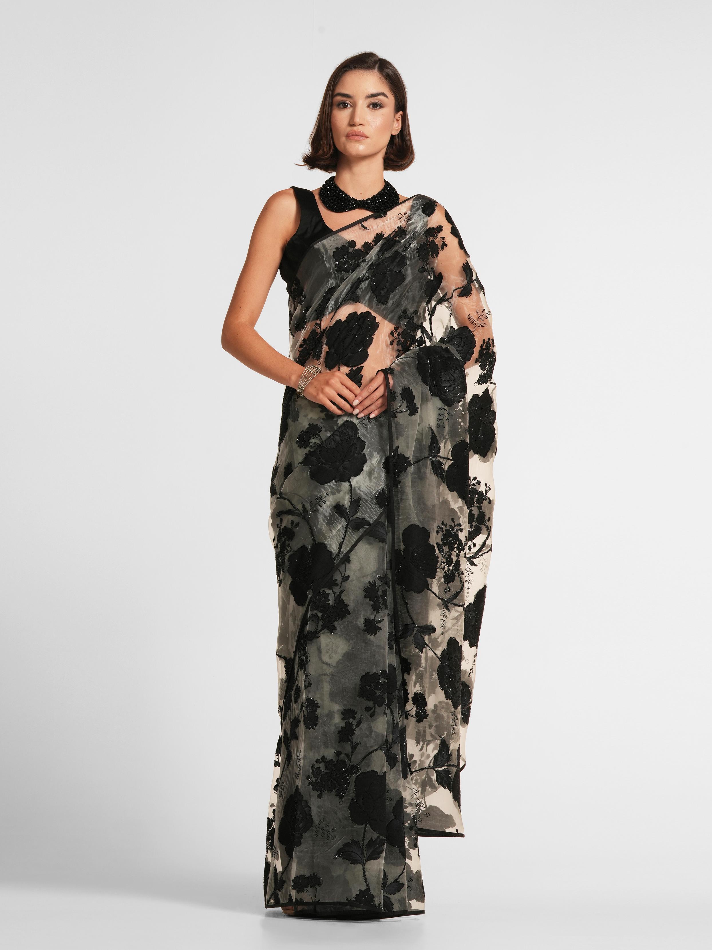 Twamev Women Black Night Elegance Organza Saree