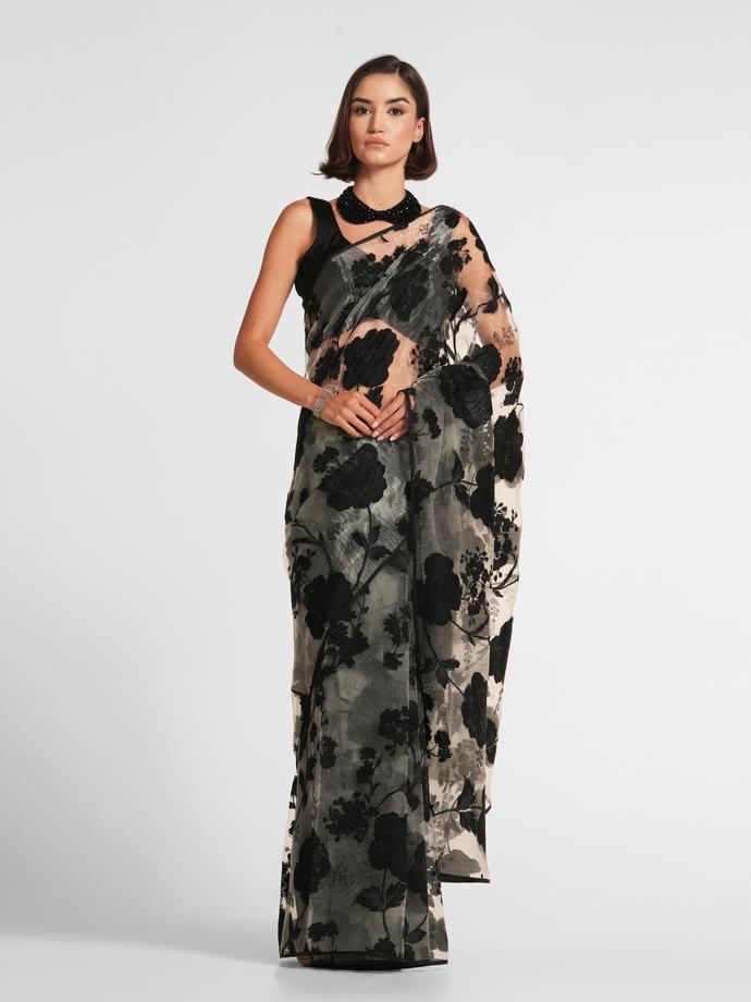 Twamev Women Black Night Elegance Organza Saree