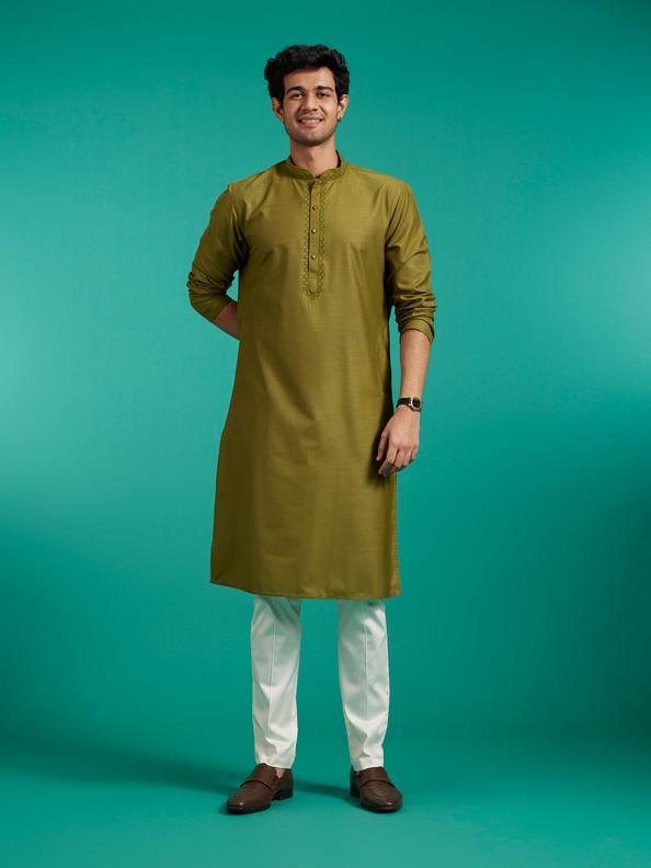 Diwas Men Olive Green Plain Classic Kurta with Embroidered Neckline