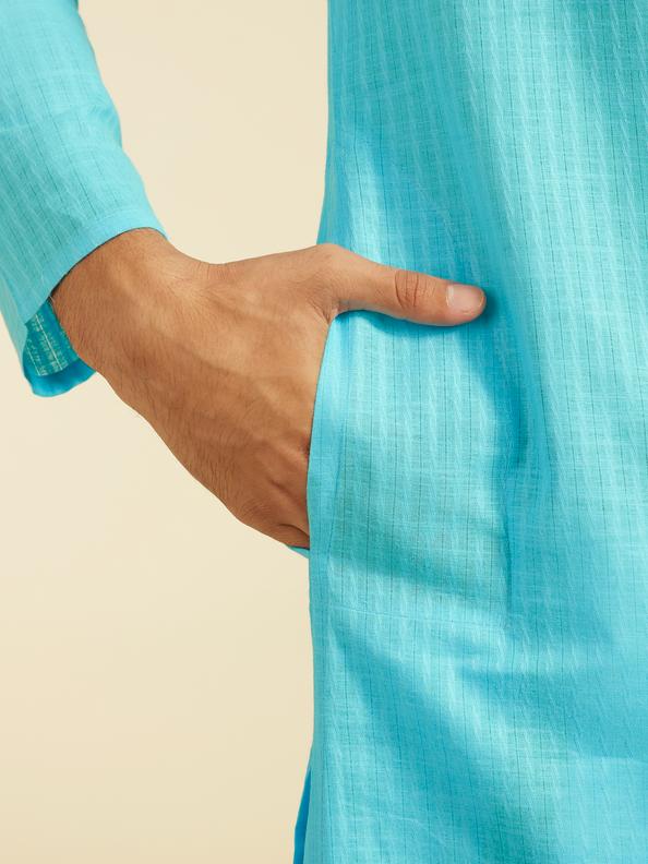 Diwas Men Maya Blue Self Striped Patterned Kurta