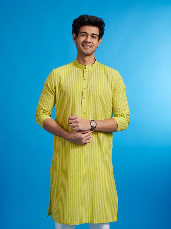 Diwas Men Soft Green Linear Patterned Striped Kurta