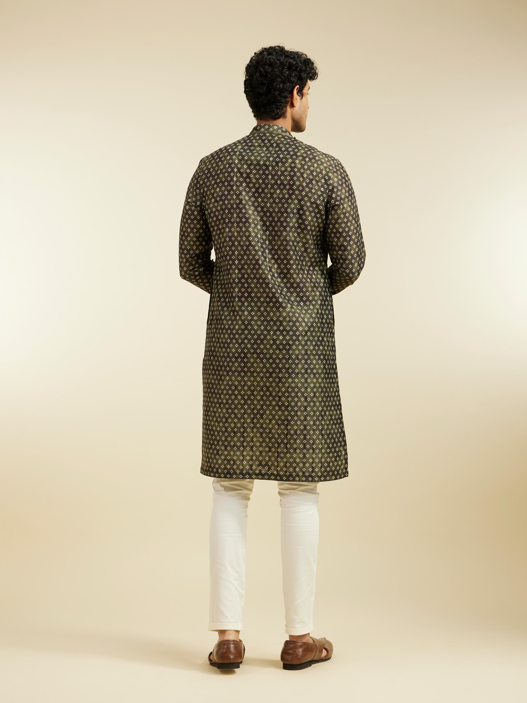 Diwas Men Bottle Green Bandhani Printed Angrakha Style Kurta