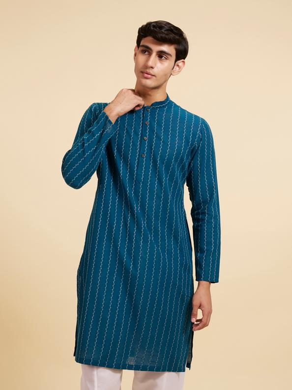 Diwas Men Teal Blue Bel Printed Kurta