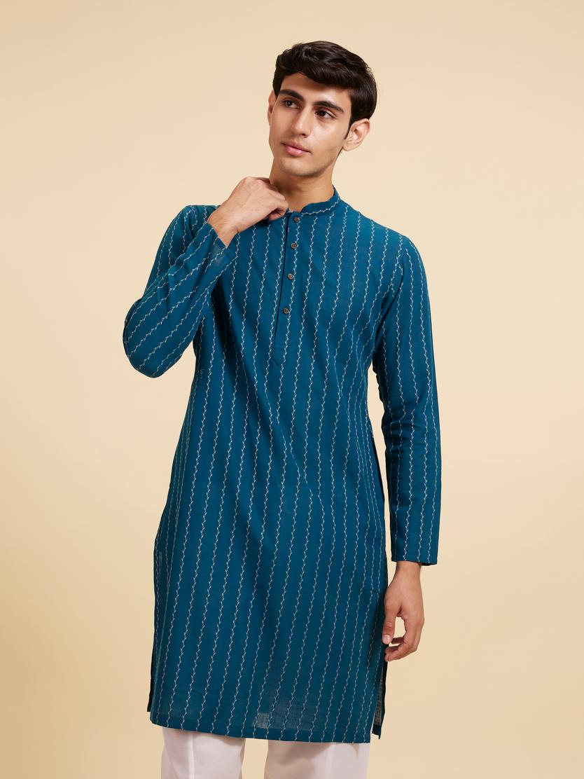 Diwas Men Teal Blue Bel Printed Kurta