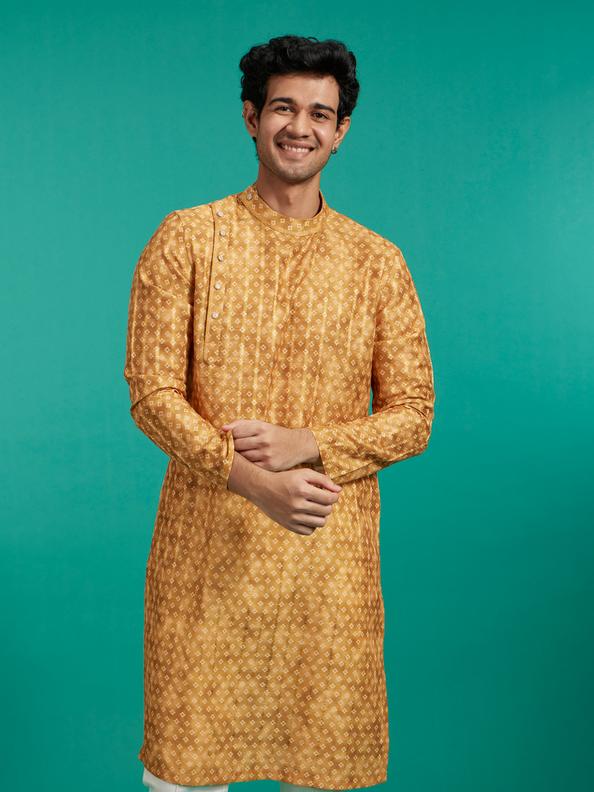 Diwas Men Mustard Yellow Bandhani Printed Angrakha Style Kurta