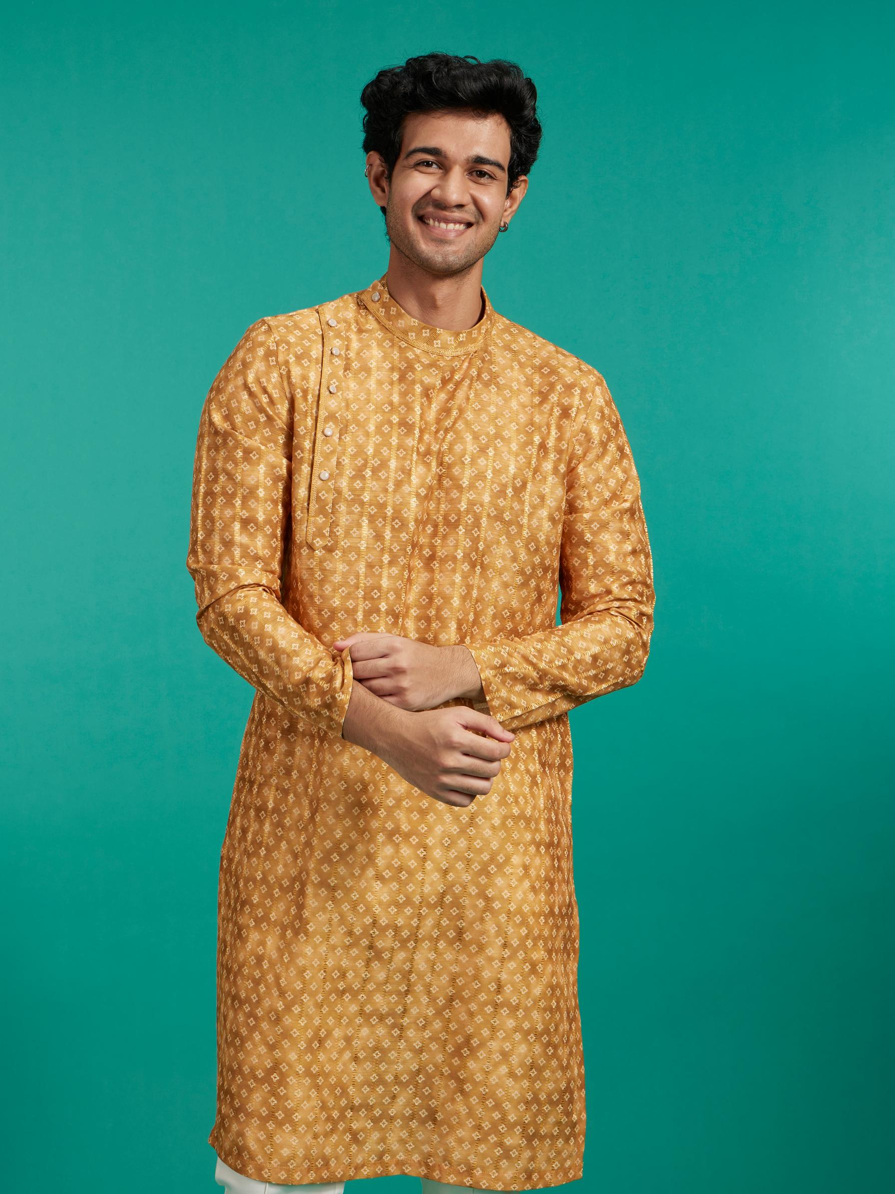 Diwas Men Mustard Yellow Bandhani Printed Angrakha Style Kurta