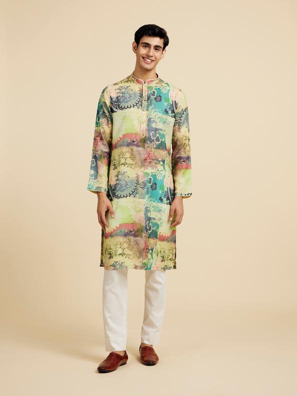 Diwas Men Soft Green Botanical Printed Kurta