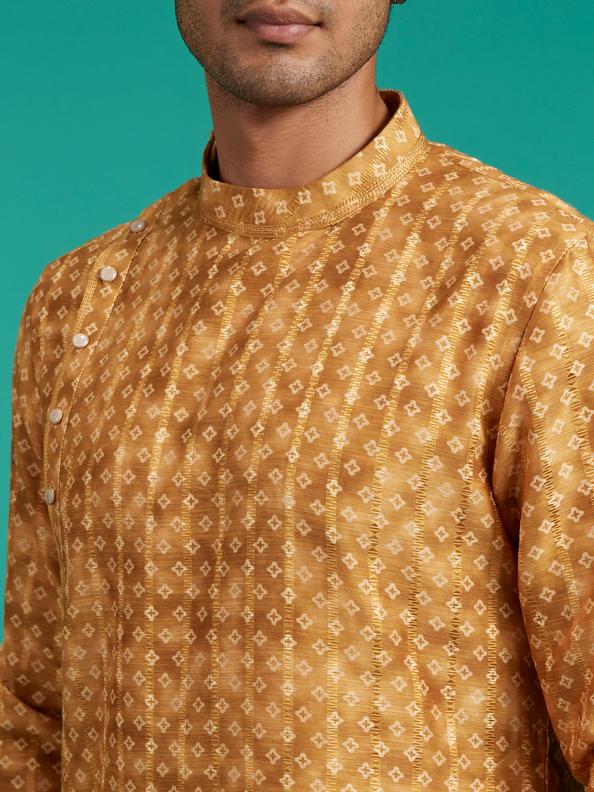 Diwas Men Mustard Yellow Bandhani Printed Angrakha Style Kurta