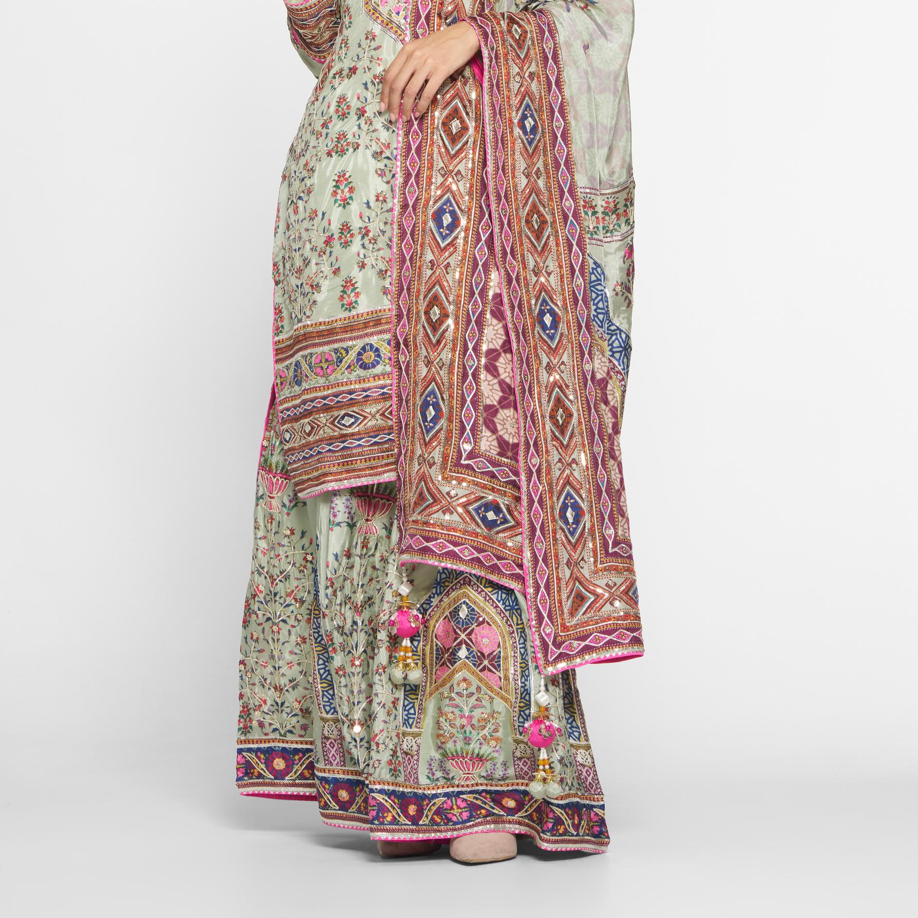 Twamev Women Lustrous Pista Green Satin Stitched Suit
