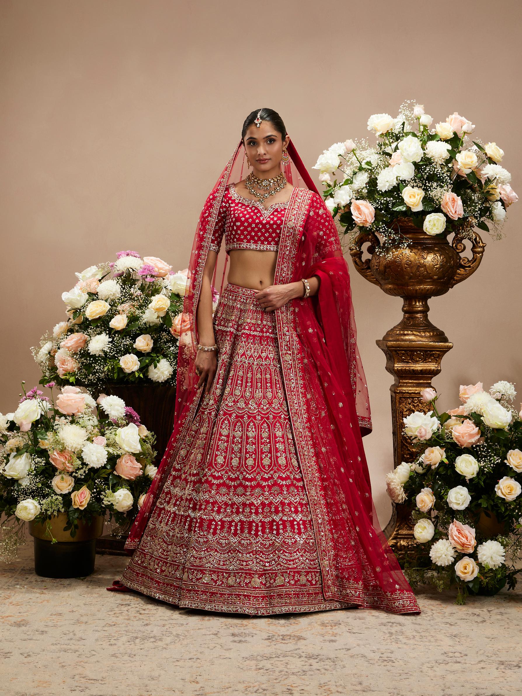 Twamev Women Scarlet Red Jaal Patterned Lehenga with Floral Motifs, Scalloped And Bel Buti Borders