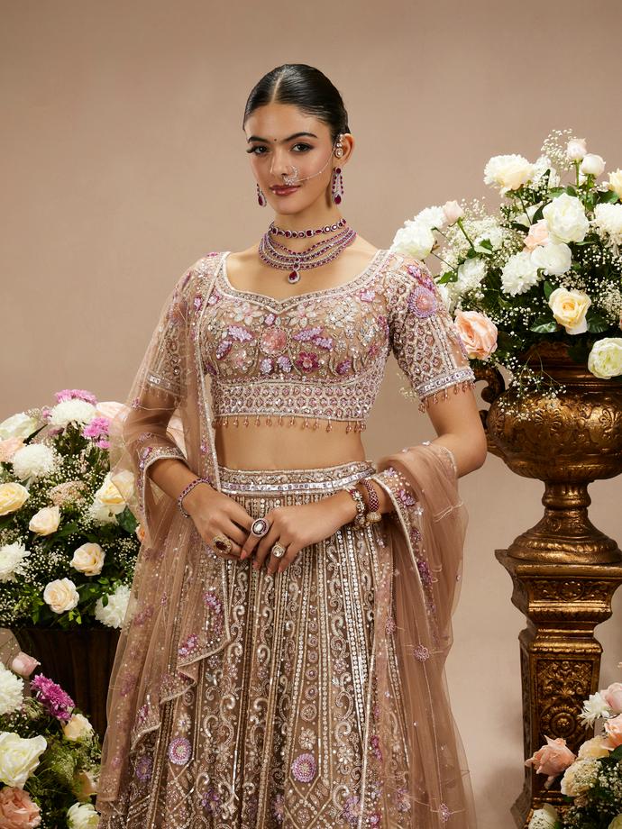 Twamev Women Blush Pink Pearl And 3D Sequin Embroidered Lehenga with Purple Floral Buta Motifs