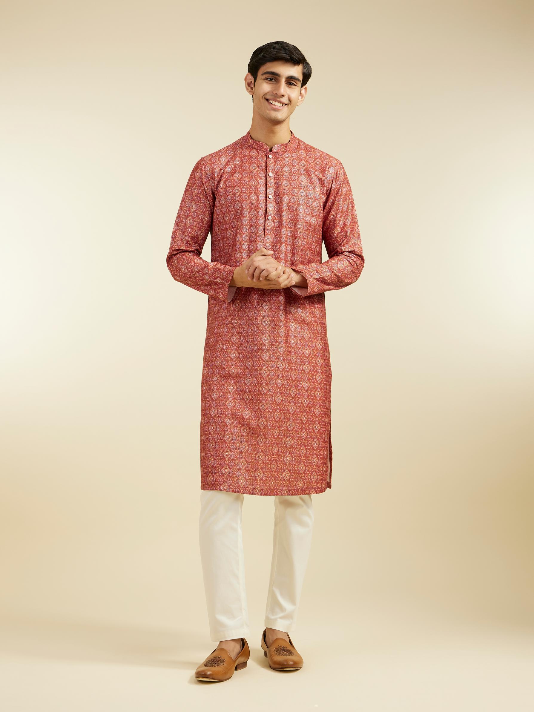Diwas Men Rust Red Diamond Printed Kurta