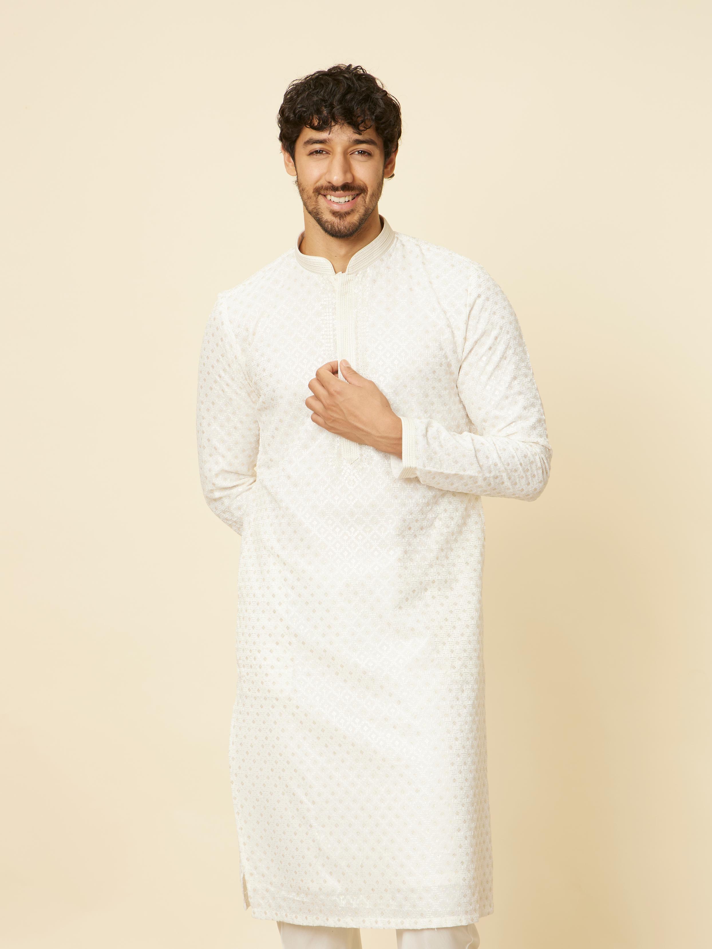 Twamev Men Cream Pink Embroidered Kurta Set