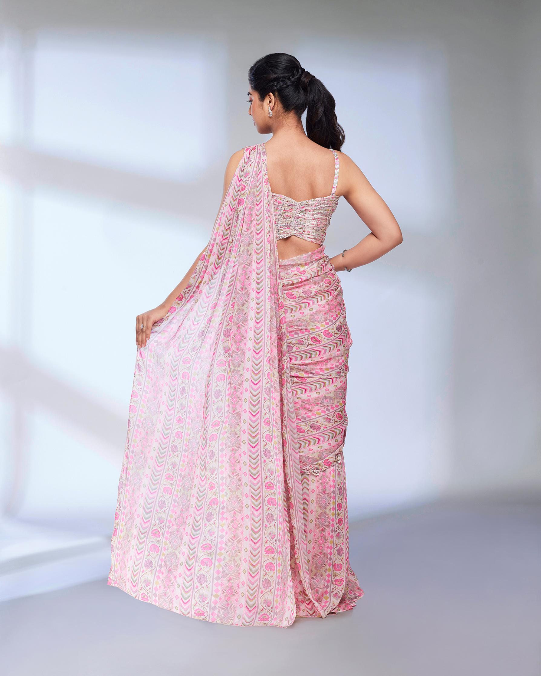 Twamev Women Pink Floral and Chevron Printed Sequined Draped Saree