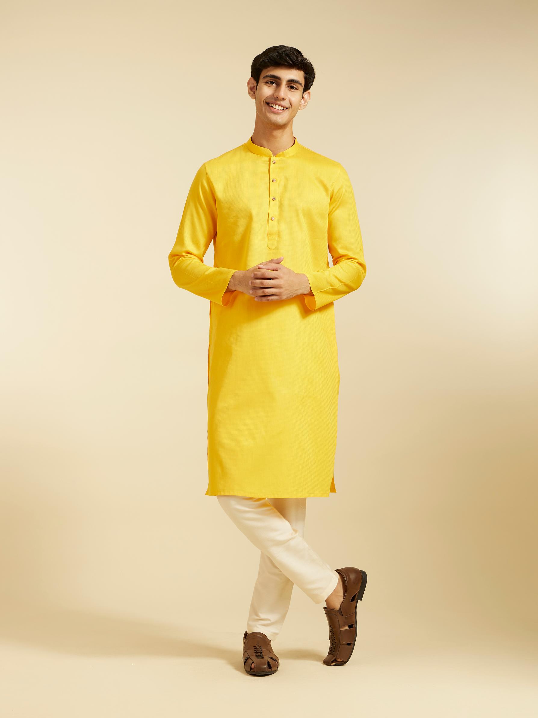 Diwas Men Mustard Yellow Self Textured Kurta