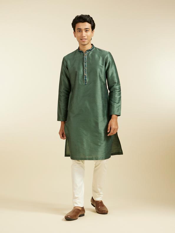 Diwas Men Bottle Green Plain Kurta with Embroidered Neckline