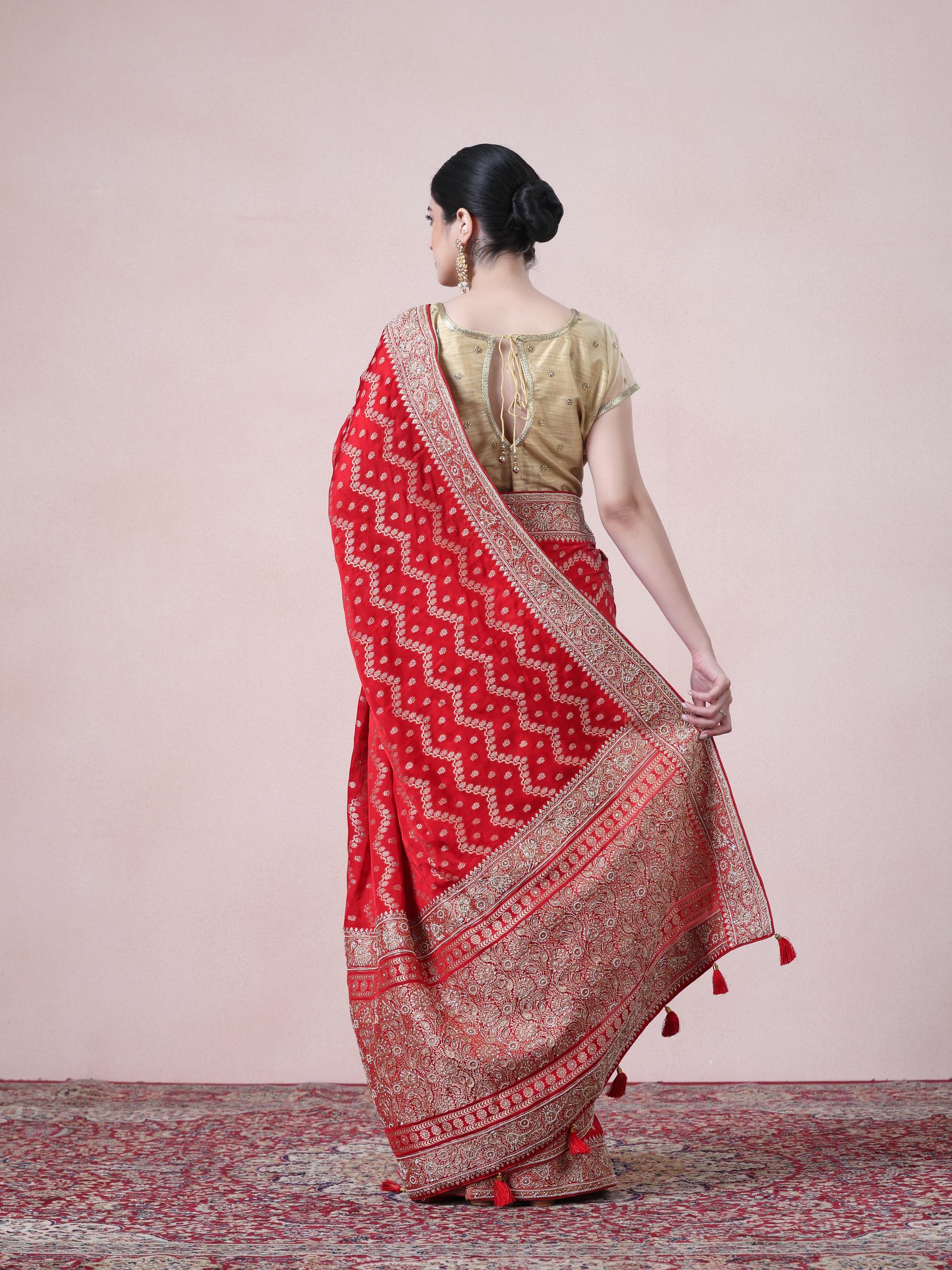 Twamev Women Regal Red Satin Saree