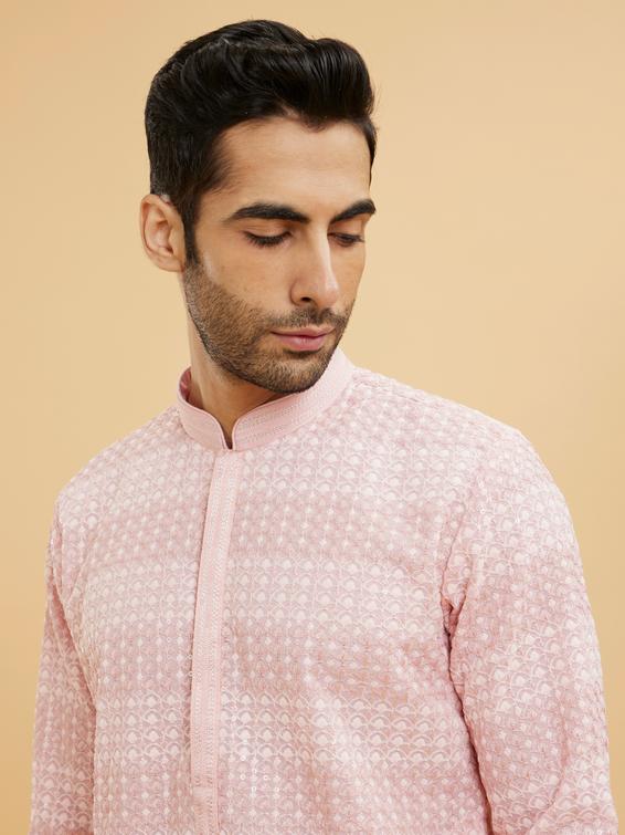 Twamev Men Millennial Pink Chikankari Grid Patterned Kurta Set
