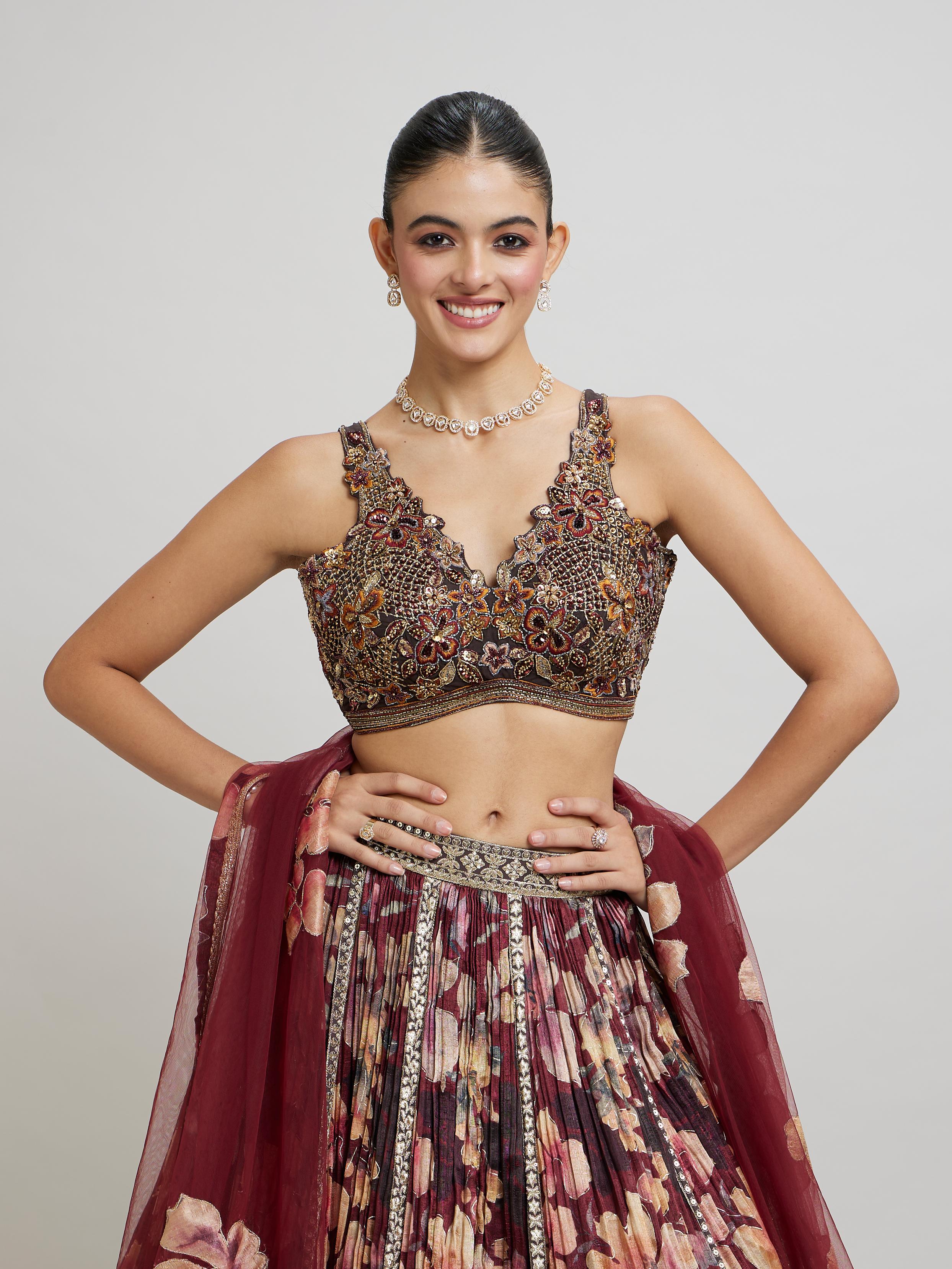 Twamev Women Elegant Maroon Net Lehenga
