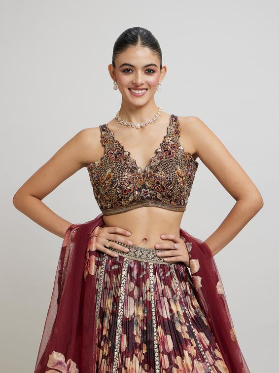Twamev Women Elegant Maroon Net Lehenga