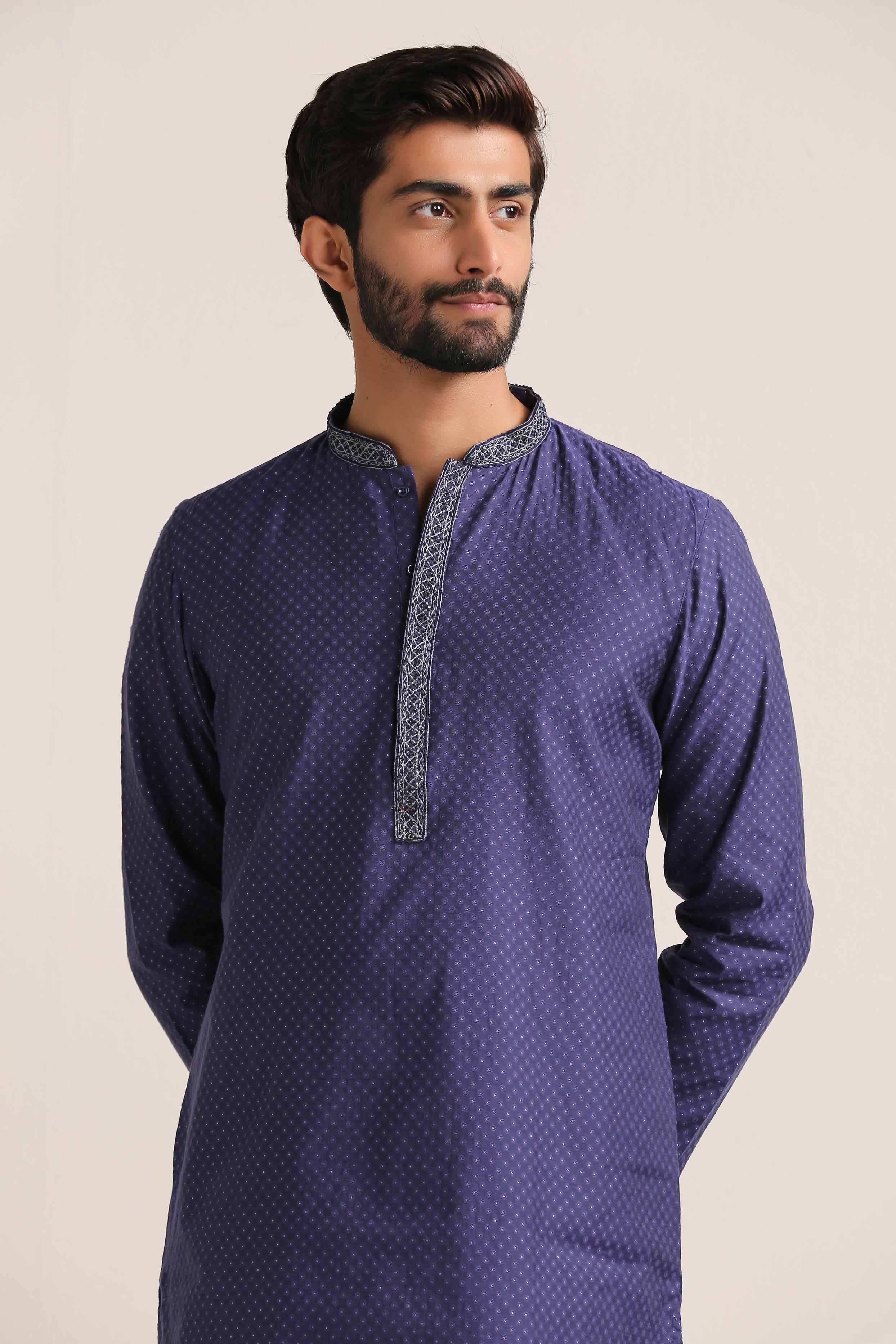 Twamev Men Deep Blue Jacquard Patterned Kurta Set