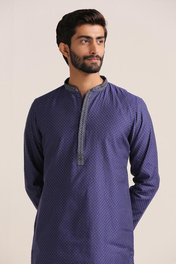 Twamev Men Deep Blue Jacquard Patterned Kurta Set