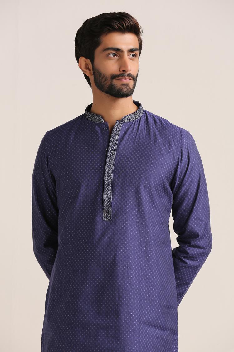 Twamev Men Deep Blue Jacquard Patterned Kurta Set