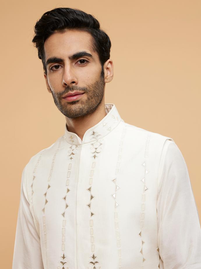 Twamev Men Cream White Jacket Set with Minimal Imperial motifs in Metallic Embroidery