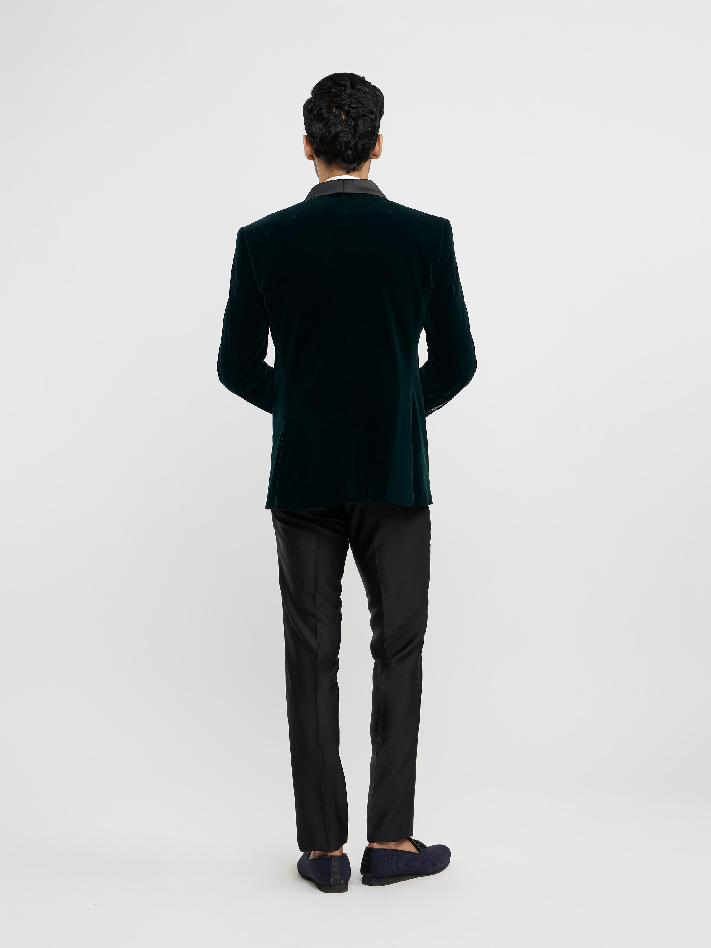 Twamev Men Elegant Dark Green Velvet Suit Set