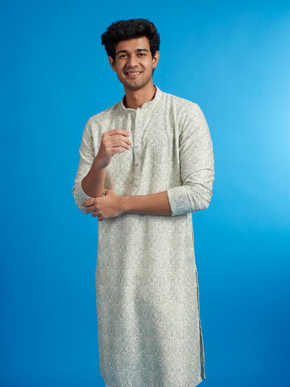 Diwas Men Soft Green Paisley Patterned Kurta with Rhinestones
