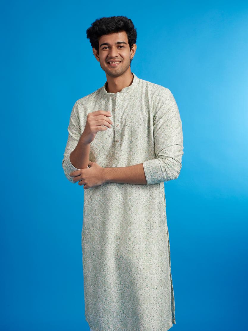 Diwas Men Soft Green Paisley Patterned Kurta with Rhinestones