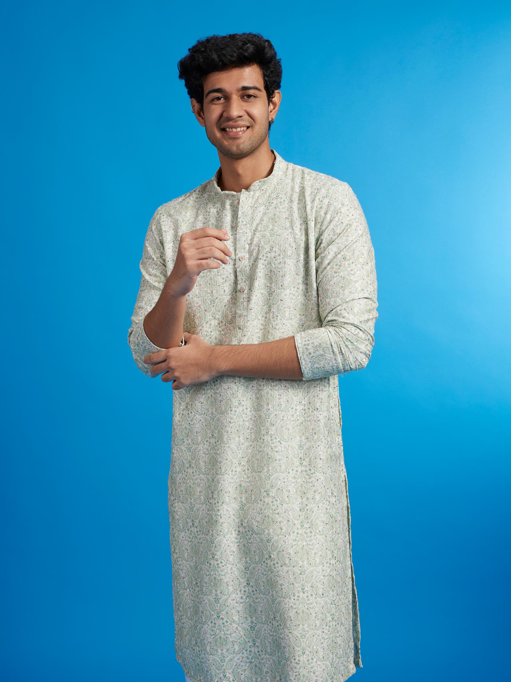 Diwas Men Soft Green Paisley Patterned Kurta with Rhinestones
