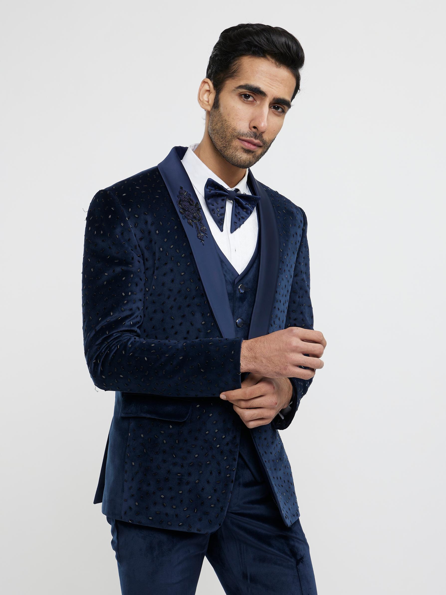 Twamev Men Midnight Blue Cutdana Embellished Tuxedo Suit Set