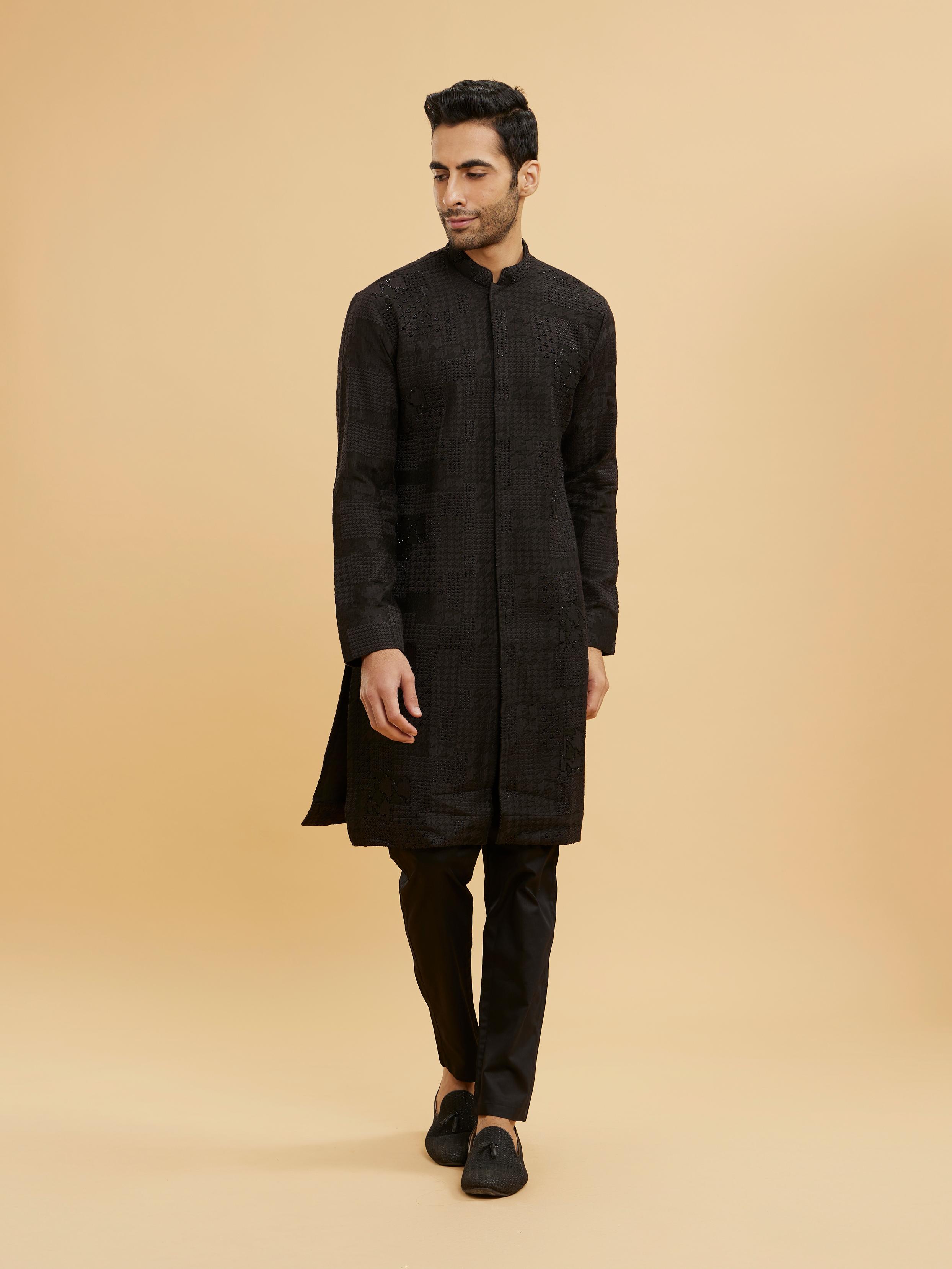 Twamev Men Charcoal Black Self Patterned Kurta Set with Shimmery Highlights