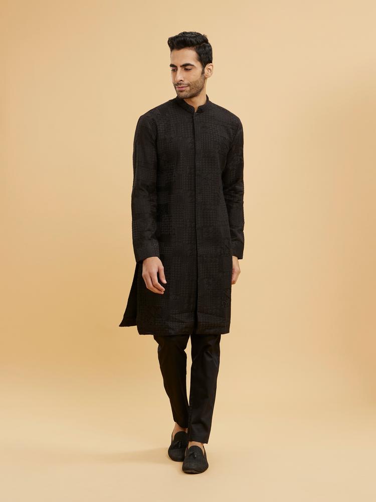 Twamev Men Charcoal Black Self Patterned Kurta Set with Shimmery Highlights